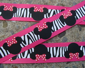 3 yards 7/8" Mouse Grosgrain Ribbon Hair Bow supply hair bow ribbon Zebra Minnie Mouse Printed Ribbon Shocking pink ribbon with Minnie Mouse