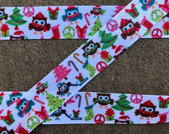 3 yards 7/8" Christmas Owl ribbon Grosgrain Ribbon for Hair Bows Gift Wrapping Scrap Booking Crafts piece sign with owls ribbon party decor