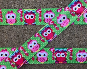 3 yards 7/8" Pink and Green Owl Printed Ribbon Owl birthday party decoration ribbon green ribbon with pink owls hair bows ribbon for crafts