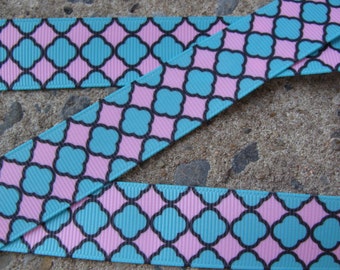 Turquoise and Pink Ribbon hair bow ribbon Printed ribbon by the yard 7/8" 3yards hair bow supplies