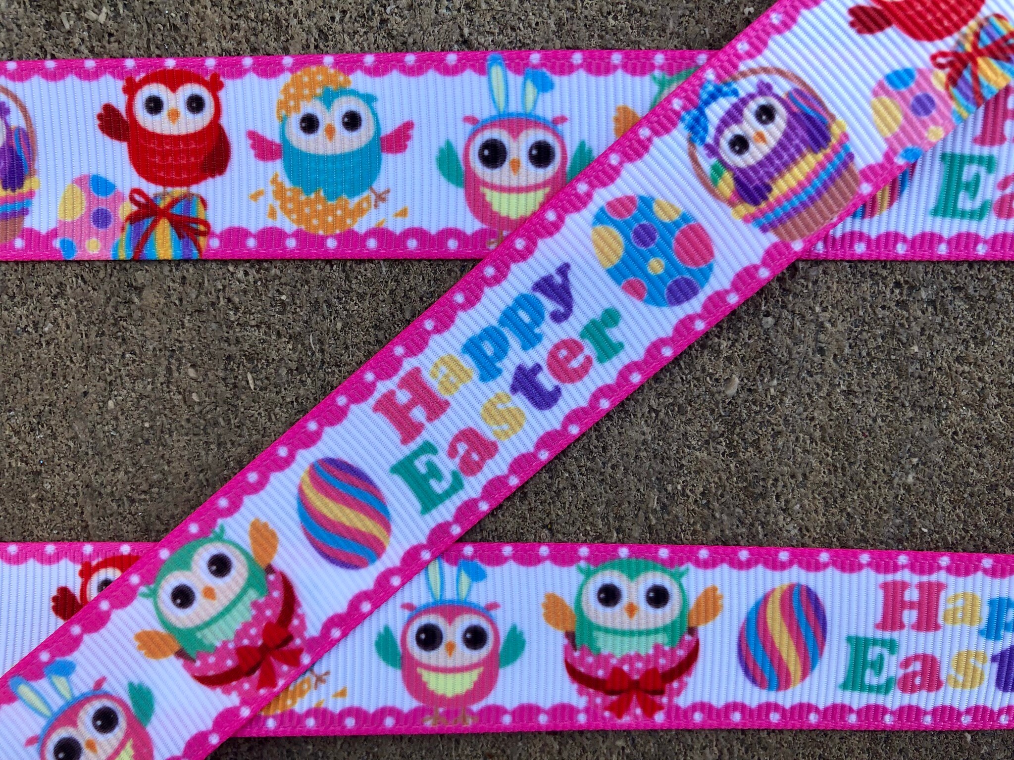 3 yards 7/8" Owl ribbon Happy Easter Owl Bunny ribbon Grosgrain Printed Ribbon Easter Bunny rib