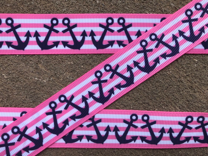 3 yards 1 Anchor ribbon Navy anchor grosgrain ribbon pink ribbon with navy anchor Sea ribbon Cruise Ribbon Navy and pink ribbon for hairbow