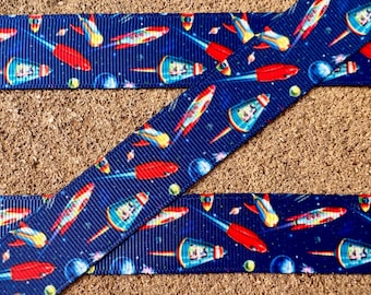 3 yards 7/8" Space Ship ribbon Aliens ribbon Outer Space Grosgrain Ribbon Hair Bow Ribbon Boys ribbon Party decorations ribbon blue and red