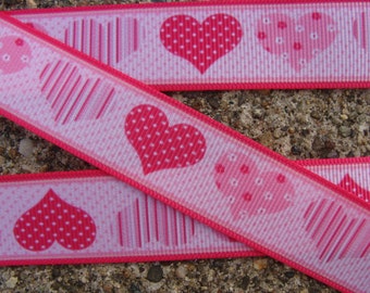 3 yards Pink Hearts Grosgrain Ribbon - 7/8", Valentines Day Ribbon