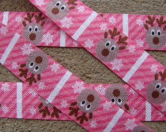 Christmas Reindeer Holiday Print Fold Over Elastic for Baby Headbands 3 or 5 Yards of 5/8 inch FOE Embellishement - Pink Elastic By The Yard