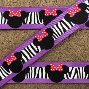 3 yards 7/8&quot; Purple ribbon with Minnie Mouse Hair Bow Supplies hair bow ribbon Purple Zebra Minnie Mouse Ribbon Minnie Mouse party decor