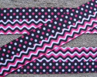 Chevron Ribbon Zigzag Ribbon White and Pink Polka Dots Ribbon Hair Bow Ribbon 7/8" 3 yards hair bow supplies pink and black ribbon chevron