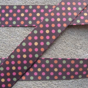 3 yards Brown Pink Orange and Green Polka Dot Grosgrain Ribbon - 7/8&quot; ribbon Polka Dot Ribbon Halloween ribbon fall ribbon