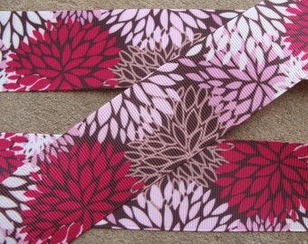 Cinta de grogrén de 3 yardas y 7/8 pulgadas con diseño de flor de Sakura, color burdeos, marrón, rosa fuerte, rosa claro y flores de verano para moños y manualidades.