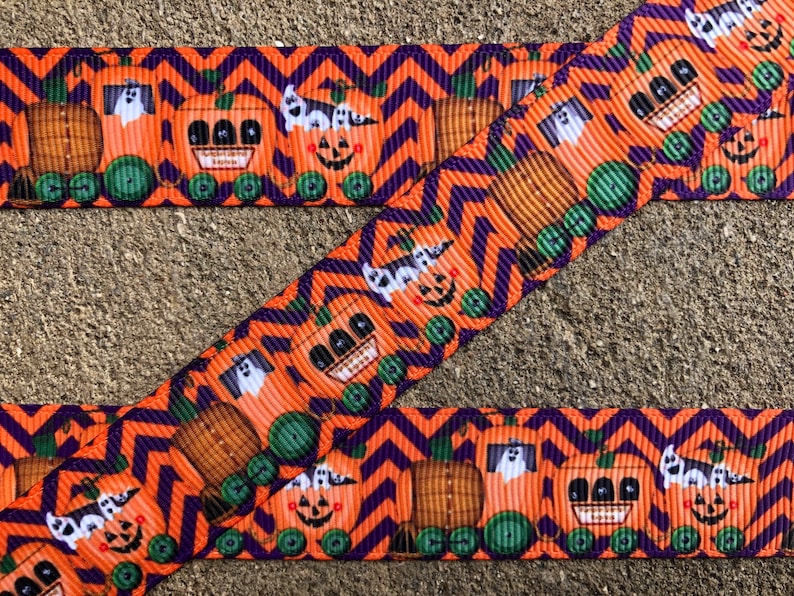 3 yards 78 Halloween Printed Ribbon Orange and Purple Pumpkin ribbon Chevron Halloween ribbon Ghost ribbon Trick or Treat Candy Ribbon