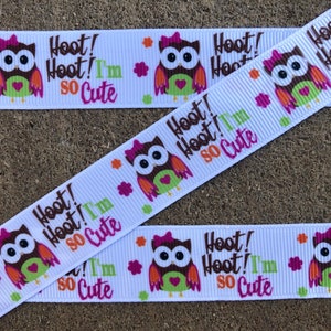 May include: White ribbon with a repeating pattern of brown owls with pink bows, green hearts, and orange flowers. The text "Hoot! Hoot! I'm So Cute" is printed on the ribbon.