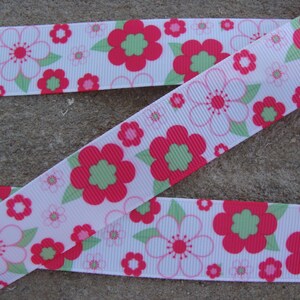 3 yards 1&quot; Hot Pink Spring Flowers Ribbon Grosgrain ribbon Printed Ribbon Hair Bow Ribbon pink and green flowers party decor ribbon