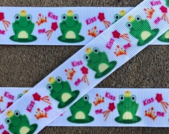 3 yards 1" Frog Ribbon Princess and a frog Printed Ribbon Green Frog grosgrain ribbon hair bow ribbon hair bow supplies frog kiss me ribbon