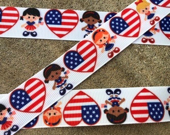 3 yards  4th of July Stars girl grosgrain ribbon 7/8" Printed Ribbon Hair Bow Ribbon Holiday Ribbon 4th of July ribbon american flag ribbon