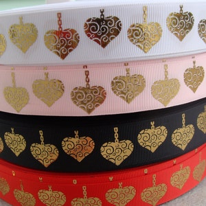 1&#39; Gold Heart ribbon Valentine Ribbon Printed Ribbon 3 yards Hair bow ribbon glittery Ribbon red and gold black and gold pink and gold