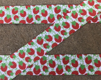 3 yards 7/8" Strawberry ribbon berry ribbon fruit ribbon Summer ribbon fruit grosgrain ribbon Hair Bow grosgrain Ribbon red and green ribbon