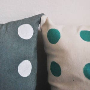 May include: Two decorative throw pillows with polka dot patterns. One pillow is teal with white polka dots, and the other is a light beige with teal polka dots.