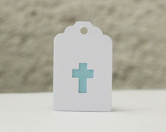Blue Cross Baptism Favor Tags: Boy Christening Gift Labels (Set of 12)