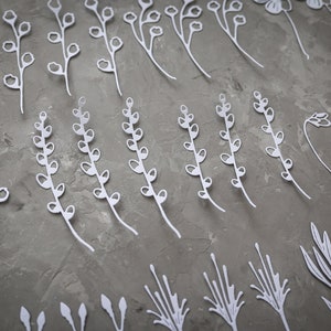 Découpes de plantes à longue tige en blanc - Découpes en papier de saule de printemps pour le scrapbooking floral - Fabrication de cartes de décoration de journal botanique complexe