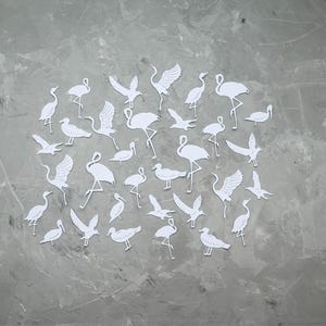 May include: A collection of white paper cutouts depicting various bird species, such as cranes and waterfowl, arranged on a grey, textured surface. The birds are shown in different poses, some with wings extended, others standing or in flight.