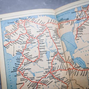 Vintage railway maps from 1960 USSR - mint train history book photo prop colorful old map - transport history museum lists of train stations