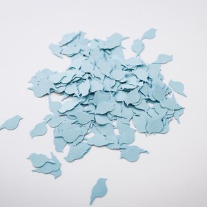 May include: A pile of light blue bird-shaped paper cutouts on a white background. The cutouts are in various sizes and shapes, with some scattered around the main pile. The image has a simple, clean design, with a focus on the bird shapes.