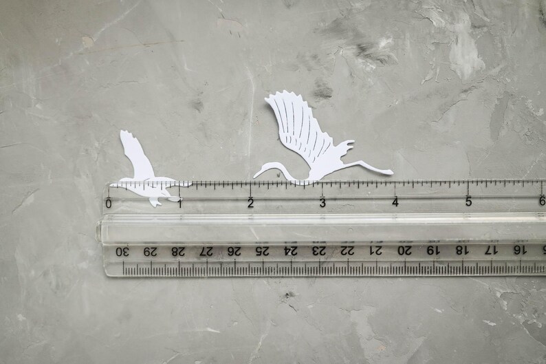 May include: Two white paper cut-out bird silhouettes, one in flight, are positioned near a ruler. The ruler shows measurements in centimetres. The birds are on a gray surface, creating a minimalist aesthetic. The birds are approximately 7.6 cm in length.