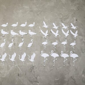 May include: A selection of white paper bird cutouts, including swans, seagulls, cranes, and flamingos, displayed on a grey surface. The birds are depicted in various poses, some with wings extended, others standing or in flight.