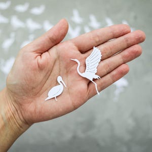 May include: Two white paper bird cutouts, a pelican and a crane, are held in an open hand. The crane has outstretched wings. The background is a blurred grey surface with more bird shapes.
