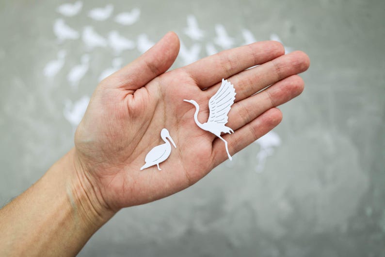 May include: Two white paper bird cutouts, a pelican and a crane, are held in an open hand. The crane has outstretched wings. The background is a blurred grey surface with more bird shapes.