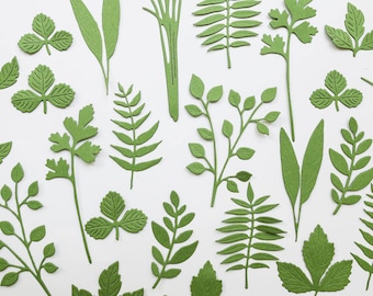 Leaf shape die cuts for cardmaking - Green paper leaves for woodland wedding album decor - scrapbooking botany journal foliage card making