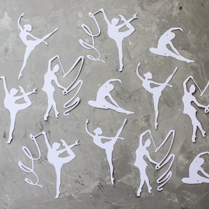Découpes de gymnastique rythmique pour la journalisation du scrapbooking - Ensemble d'athlètes découpés en papier blanc de 12 - Silhouette élégante de gymnastes avec ruban
