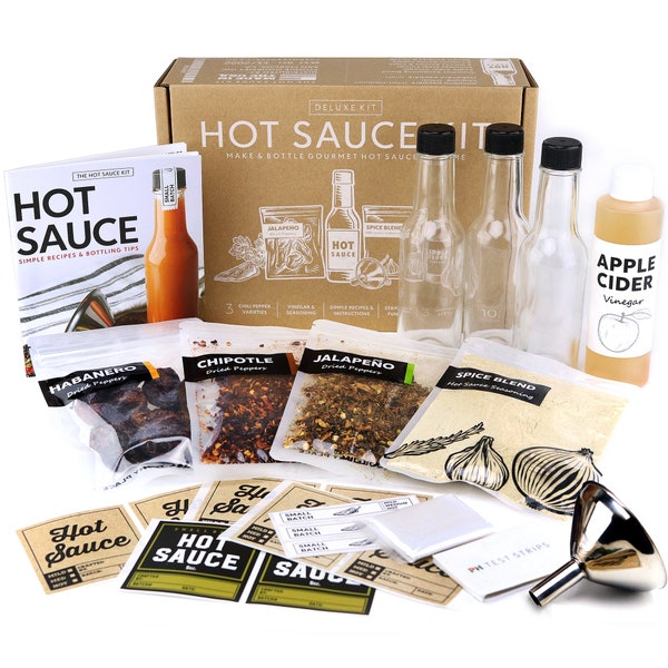 Deluxe Hot Sauce Making Kit | 3 Varieties of Peppers, Gourmet Spice Blend, 3 Bottles, funnel Fun DIY Gift For Dad, Guys, Unique Gift for Men