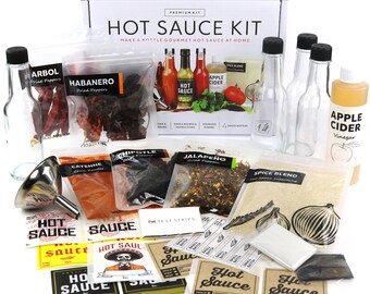 Premium Hot Sauce Making Kit | 5 Peppers, 4 Bottles, Makes up to 14 Gourmet Bottles | Nice gift for Dad, Brother, Uncle. DIY Cooking Gifts
