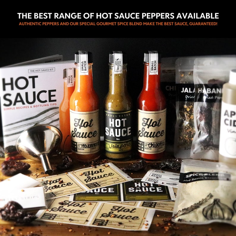 Deluxe Hot Sauce Making Kit 3 Varieties of Peppers, Gourmet Spice Blend, 3 Bottles, funnel Fun DIY Gift For Dad, Guys, Unique Gift for Men image 5