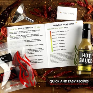 Deluxe Hot Sauce Making Kit 3 Varieties of Peppers, Gourmet Spice Blend, 3 Bottles, funnel Fun DIY Gift For Dad, Guys, Unique Gift for Men image 2