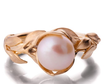 Leaves Engagement Ring, Yellow Gold and Pearl engagement ring, leaf ring, June Birthstone, art nouveau, vintage, pearl leaf ring