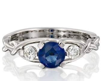 Braided Engagement Ring, Sapphire and Diamond engagement ring, white gold diamond ring, engagement ring, celtic ring, three stone ring