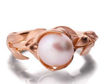 Leaves Engagement Ring, Rose Gold and Pearl engagement ring, leaf ring, June Birthstone, art nouveau, vintage, pearl leaf ring, 7
