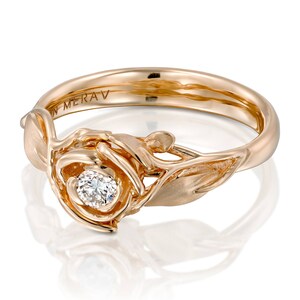 18K Rosegold Ring mit Diamant, Verlobungsring, Blattring, Blumenring, Jugendstil