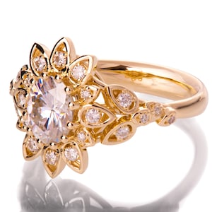 Moissanite Art Deco Petal Engagement Ring, Oval Moissanite engagement ring, leaf ring, 18K Rose Gold Ring