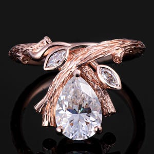 18k Rose Gold Large Pear Diamond Twig Chevron Engagement Ring
