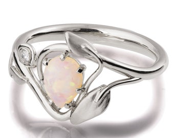 Opal engagement ring, 18K White Gold Opal ring, Opal Jewelry, Unique Engagement ring, Australian Opal Ring, Leaves Opal Ring, Leaf Ring