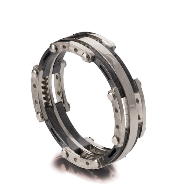 Gold Wedding Band, Herren 18K Weißgold und oxidiertem Silber Ehering, Steampunk, Ehering, schwarzer Ring