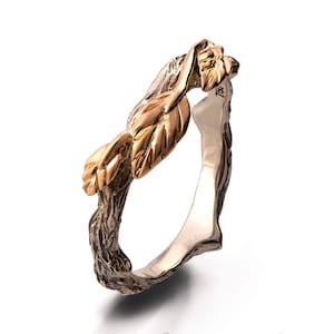 Twig and Leaf Wedding Ring, 18K Gold Bark Wedding Ring, Unique Wedding ring, Two tone Wedding band, bark wedding ring, Yellow gold ring