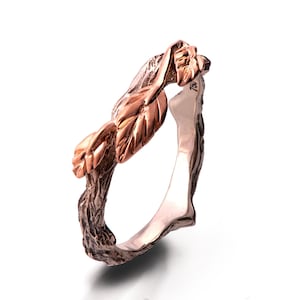 Twig and Leaf Wedding Ring, 18K Rose Gold Bark Wedding Ring, Unique Wedding ring, Two tone band, bark wedding ring, rose gold ring, 11