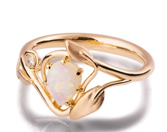 Anillo de compromiso de ópalo, anillo de ópalo de oro rosa de 18K, joyería de ópalo, anillo de compromiso único, anillo de ópalo australiano, anillo de ópalo de hojas, anillo de hoja
