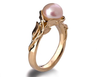 Leaves Engagement Ring, Yellow Gold and Pearl engagement ring, leaf ring, June Birthstone, art nouveau, vintage, pearl leaf ring
