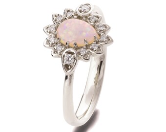 Anillo de compromiso de ópalo, anillo de ópalo, anillo de oro blanco de 18 qt, joyería de ópalo, anillo de compromiso único, anillo de diamantes de ópalo, anillo de ópalo de hojas, pétalo de ópalo