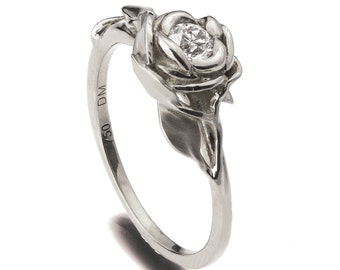 Rose Engagement Ring, 18K White Gold and Diamond engagement ring, engagement ring, leaf ring, flower ring